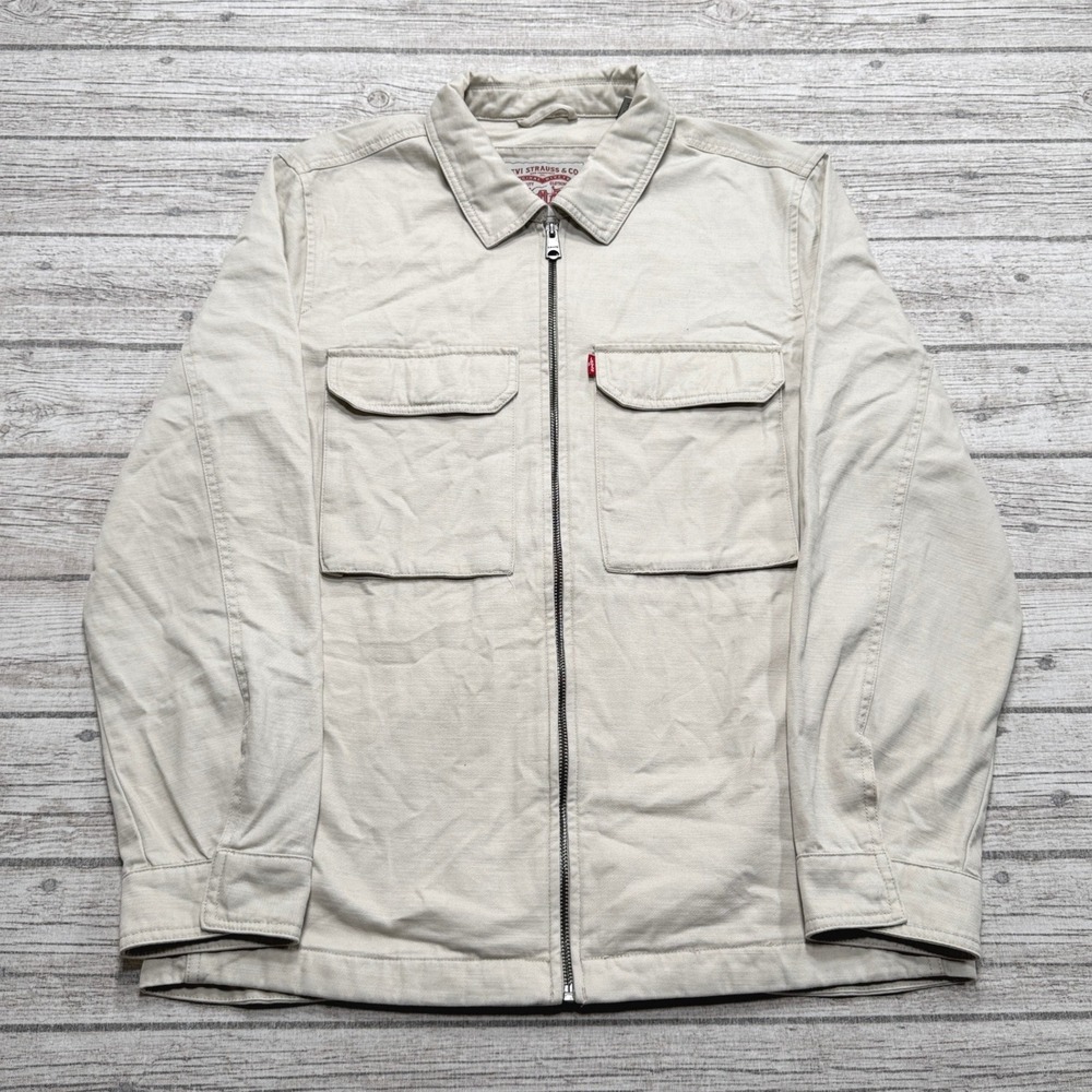 Levi's Shirt Jacket Men's Small Beige Canvas Full Zip Trucker Utility Chore Coat